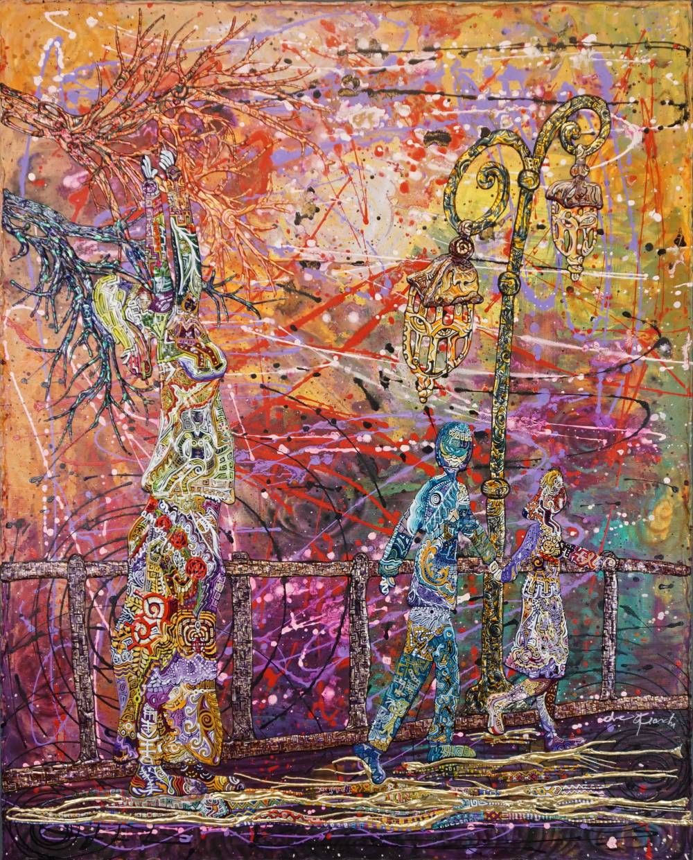 OMBRE A PASSEGGIO -quadro - anno 2016 - 80 cm x 100 cm h - acrilico su tela ,foglia oro, rilievo in acrilico delle figure,alberi lampioni e staccionata