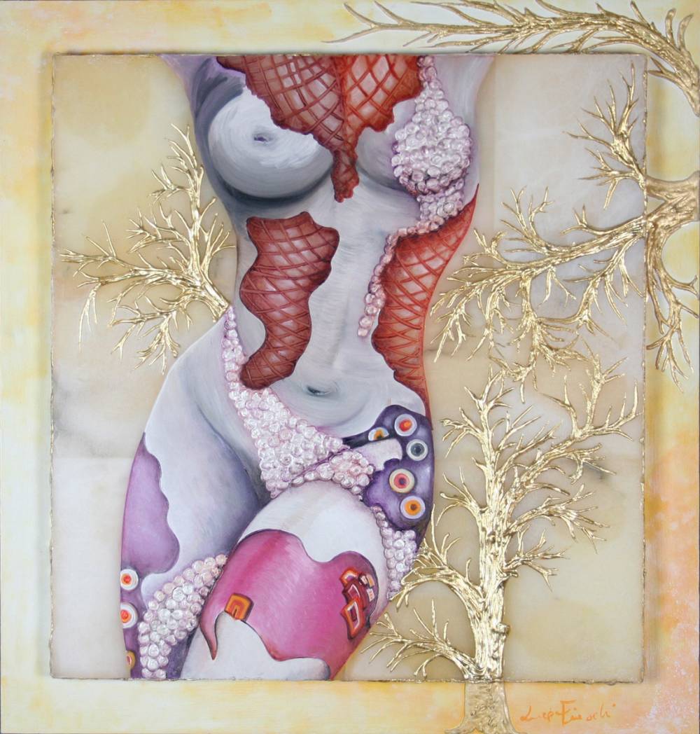 IL CORPO DI VIOLA - quadro 48 cm x h 50 cm - olio e acrilico con foglia oro su pietra alabastro e tavola - anno 2014 - foglia oro in rilievo