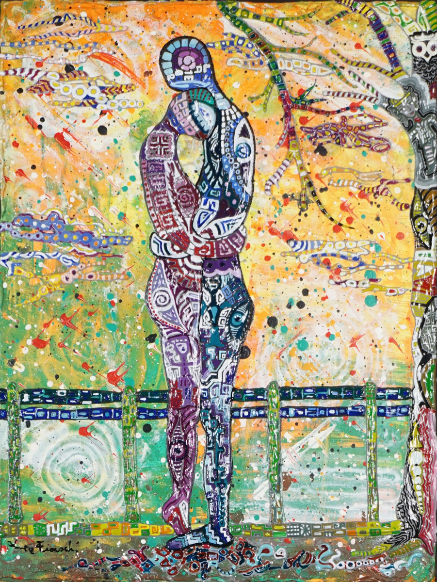 OMBRA DELL´ULTIMO INCONTRO _ quadro 30 cm x h 40 cm - olio e acrilico su tela - anno 2015 - figure e albero in rilievo